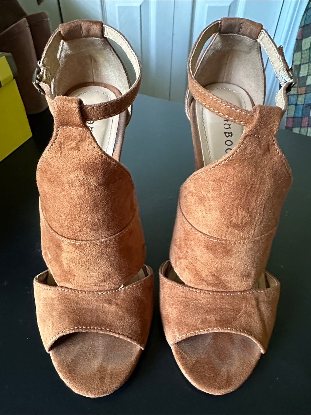 BAMBOO Women's Suede Cognac Open-Toe Ankle Strap Heels